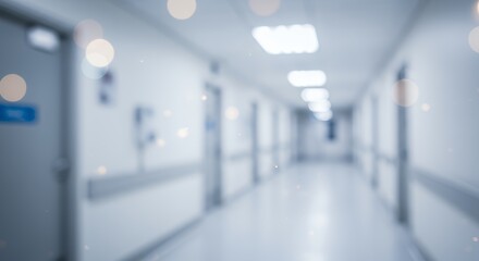 Blurred Hospital Hallway Interior with Lights and Doors