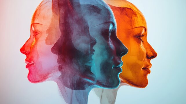 Triple exposure of female faces with vibrant colors and overlapping profiles on abstract background reflects artistic identity and diversity theme. Deadline approaching