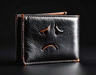 black leather wallet with sad face symbol isolated