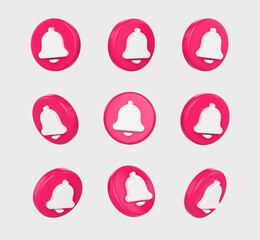 3D Set of Pink and White bell button icons for notifications and updates. 3d illustration