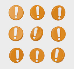 3D Orange icons with a white Exclamation mark for alert, warning or important notice. 3d illustration