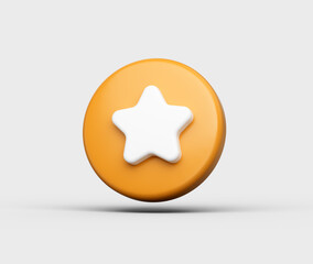 3D Orange button with a white star at its center floating on white background. 3d illustration