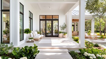 Covered Porch with White Columns and Outdoor Living Space