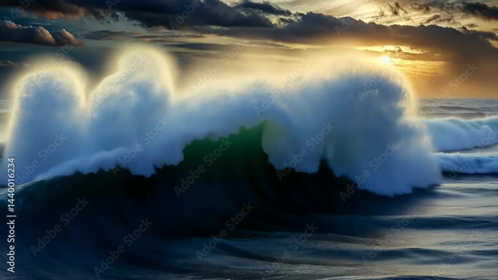 Poster dynamic waves crash at sunset, creating mesmerizing patterns along the shoreline in a tranquil coast