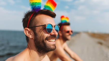 Joyful gay couple wearing rainbow headbands and sunglasses, enjoying sunny day by water
