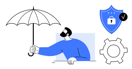 Man holding an umbrella for protection with shield, lock, checkmark, and gear elements highlighting safety, reliability, risk management, strategic planning. Ideal for cybersecurity, compliance