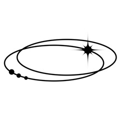 Cosmic orbit element with planets and sparkling star. Futuristic and space-inspired design, perfect for science, astronomy, galaxy, and y2k style projects. Clean black and white illustration.