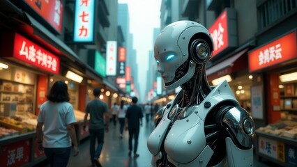 Obraz premium Robot Stands In Tokyo's Street Market