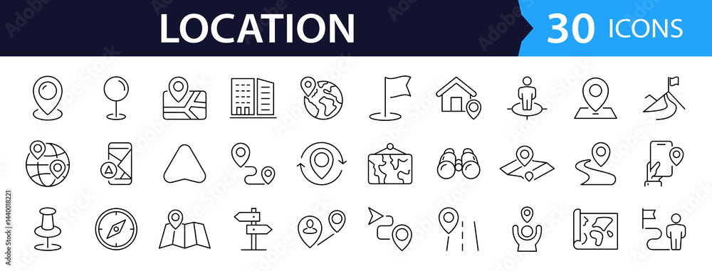 Aufkleber Location Web Icon Set in Line Style. Collection of Map Pin Linear Icons, Including Address, place, location, gps, directions, navigation, map, distance, map marker  and More. Editable Stroke.