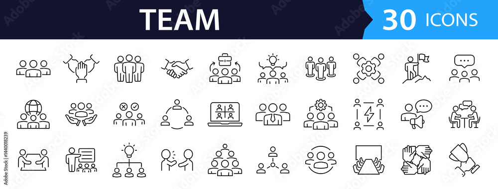 Aufkleber team web icon set in line style. collection of teamwork linear icons, including team building, works