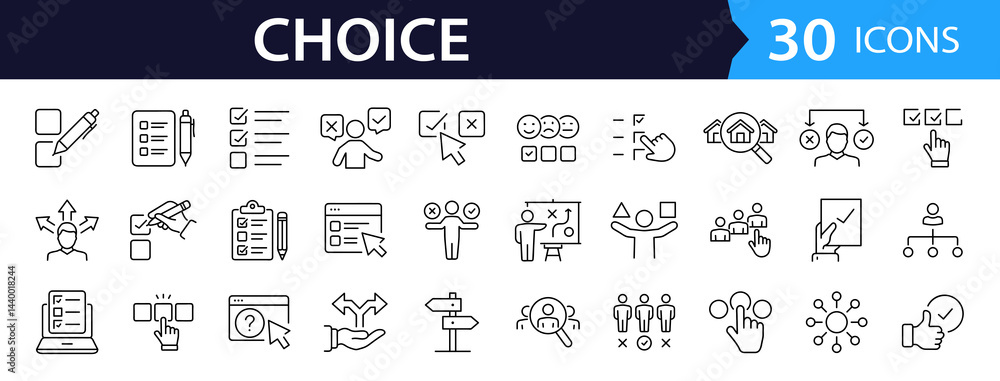 Poster Choice Web Icon Set in Line Style. Collection of Selection Linear Icons, Including decision, option, choose, quiz, option, preference, list, possibility, decide, dilemma and More. Editable Stroke