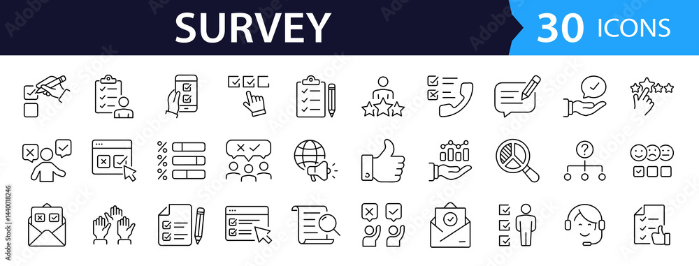 Poster survey web icon set in line style. collection of feedback linear icons, including question, opinion,