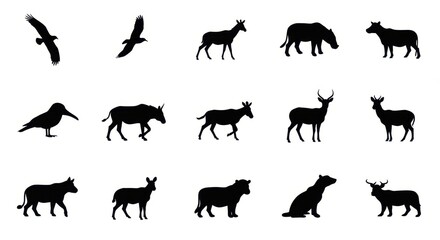 Fototapeta premium Collection of Animal Silhouettes Including Birds, Wolves, and Foxes on White Background