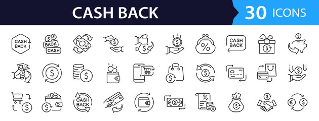 Cash Back Web Icon Set in Line Style. Collection of Money Movement Linear Icons, Including return money, cashback, profit, payment, income, money, refund, gain, profit and More. Editable Stroke.