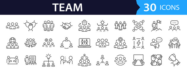 Team Web Icon Set in Line Style. Collection of Teamwork Linear Icons, Including team building, workshop, human resources, business people, group, team, organization, community. Editable Stroke