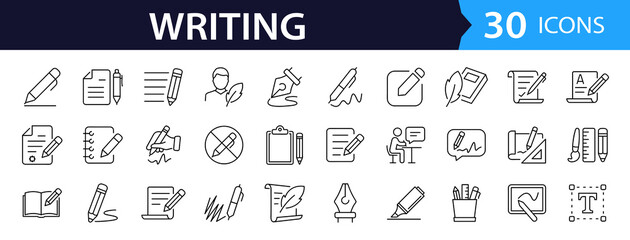 Writing Web Icon Set in Line Style. Collection of Copywriting Linear Icons, Including write, note, edit, writer, text, pen, signature, content editing, document, nib, pencil and More. Editable Stroke.