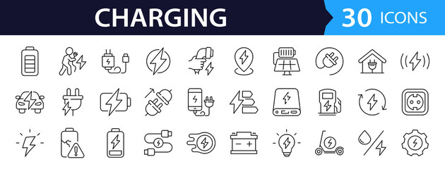 Charging Web Icon Set in Line Style. Collection of Electricity Linear Icons, Including wireless charging, charge, energy, socket, battery, charging station, ev, electric car and More. Editable Stroke