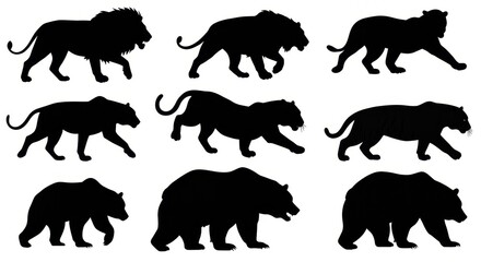 Set of Jungle Animal Silhouettes Featuring Lions, Bears, and Big Cats in Various Poses