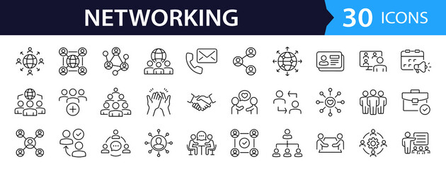 Networking Web Icon Set in Line Style. Collection of Social Network Linear Icons, Including community, business people, community, network, relationship, online networking and More. Editable Stroke