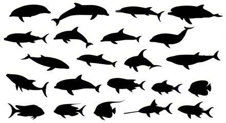Marine Life Silhouettes Featuring Dolphins, Sharks, Whales, and Fish in Ocean Environment