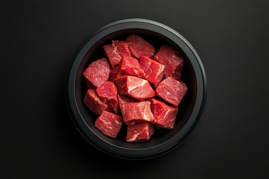 Freshly cut beef cubes in a black bowl