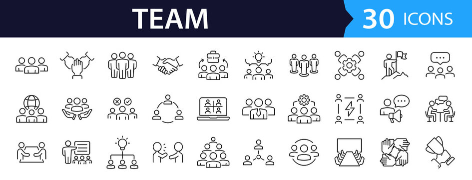 Team Web Icon Set in Line Style. Collection of Teamwork Linear Icons, Including team building, workshop, human resources, business people, group, team, organization, community. Editable Stroke