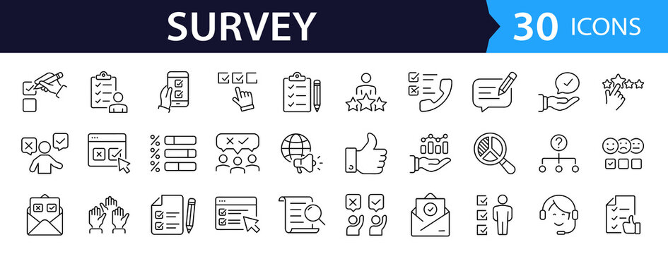 Survey Web Icon Set in Line Style. Collection of feedback Linear Icons, Including question, opinion, satisfaction, opinion, research, review, satisfaction, task, poll, answer and More. Editable Stroke