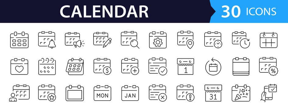Calendar Web Icon Set in Line Style. Collection of Calendars Linear Icons, Including schedule, months, days, weeks, reminders, time management, deadline, planning and More. Editable Stroke