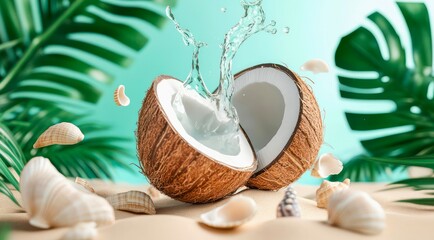 Refreshing coconut splash surrounded by tropical leaves and seashells.
