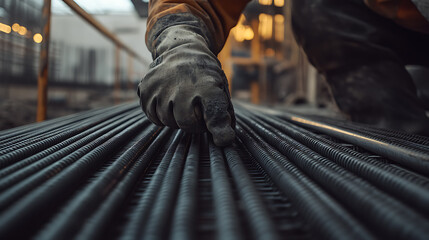 Worker's Hand on Steel Rebars at Construction Site
