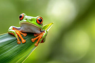 Obraz premium Close up of a vibrant red eyed tree frog perched on a green leaf.