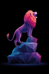 A majestic, colorful geometric lion stands proudly on rocks, set against a dramatic black background.
