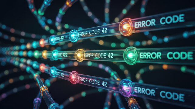 Agentic ai technology visualizes error code 42 in glowing tubes representing digital data flow and futuristic network communication system