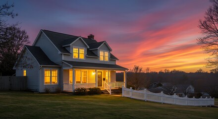 Soft interior and porch lights illuminate a lovely two-story home with a white picket fence at 11 Hayward Street in Halifax, Massachusetts, set against a stunning sunset sky.