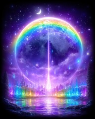 A vibrant, futuristic city glows under a giant rainbow moon, with colorful lights reflecting on a tranquil lake beneath a cosmic, star-filled sky.