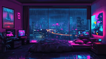 Cyberpunk style bedroom with neon lights and futuristic cityscape at night