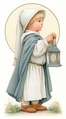 A young child in medieval-style clothing holds a lantern, standing with a halo-like circle behind their head, evoking innocence and purity.