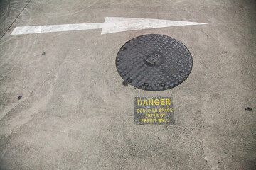 Danger confined space enter by permit only sign in car park beside man hole