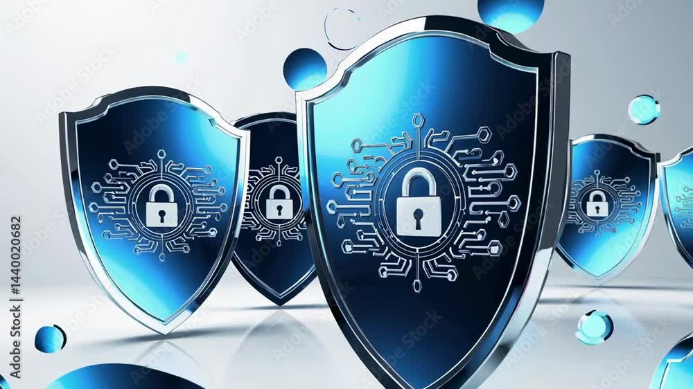 Poster Multiple glossy blue shields with glowing circuit board patterns and padlock icons represent robust digital security measures, safeguarding sensitive data on a pristine white background