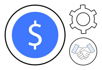 Dollar sign in circle, cogwheel, and handshake emphasize finance, teamwork, strategy, operations, partnership, and success. Ideal for business finance planning collaboration strategy marketing