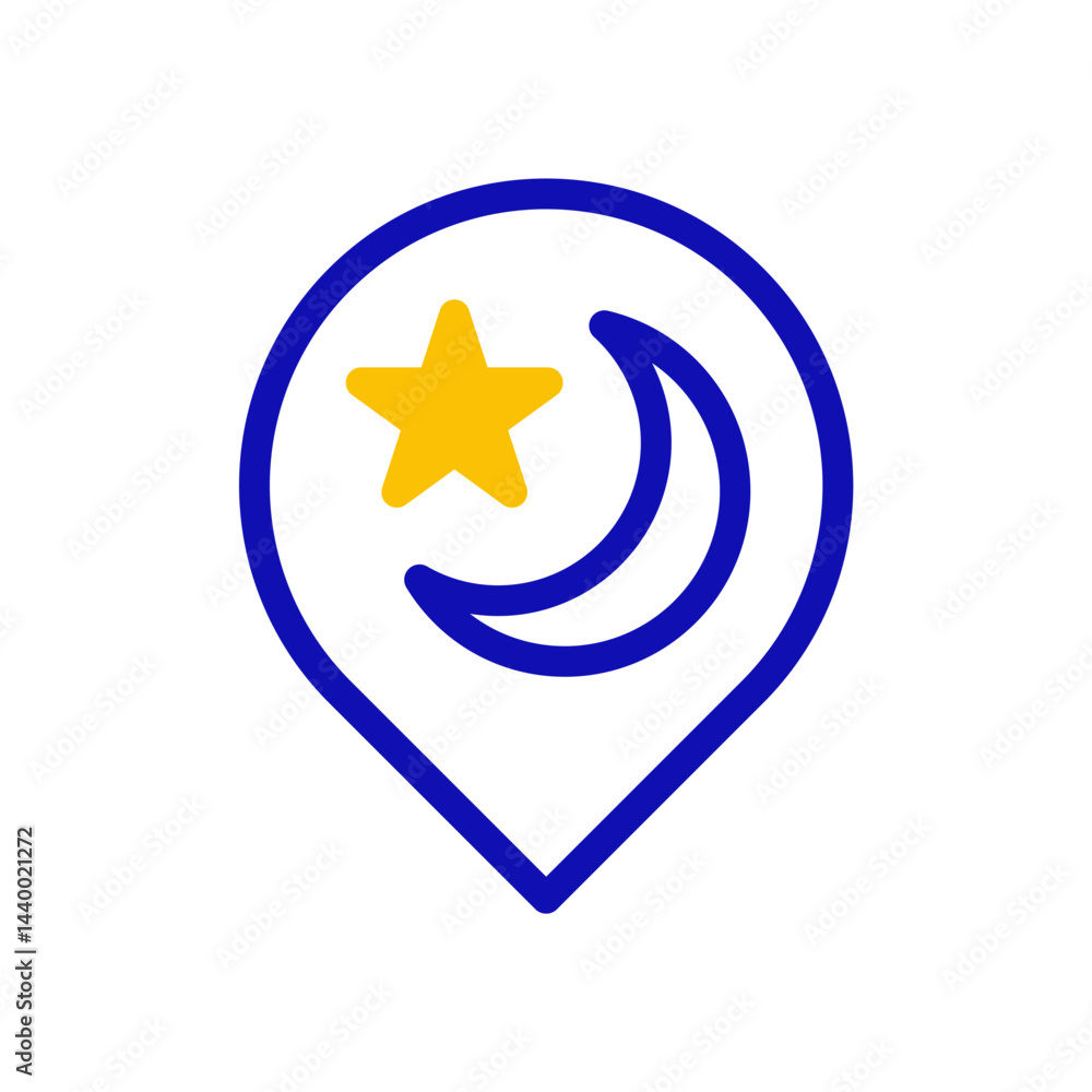 Poster celestial navigation: star and crescent moon icon within a pinpoint marker shape