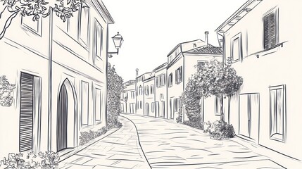 Italian Village Street Scene, Hand Drawn Sketch, Calm Ambiance