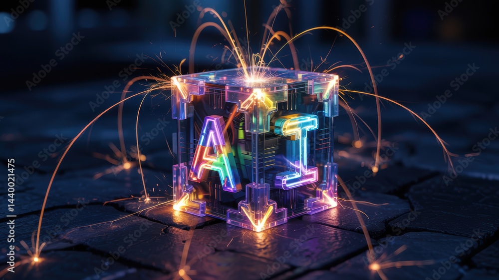 Poster agentic ai concept with glowing neon letters on futuristic transparent cube sparking energy on dark 
