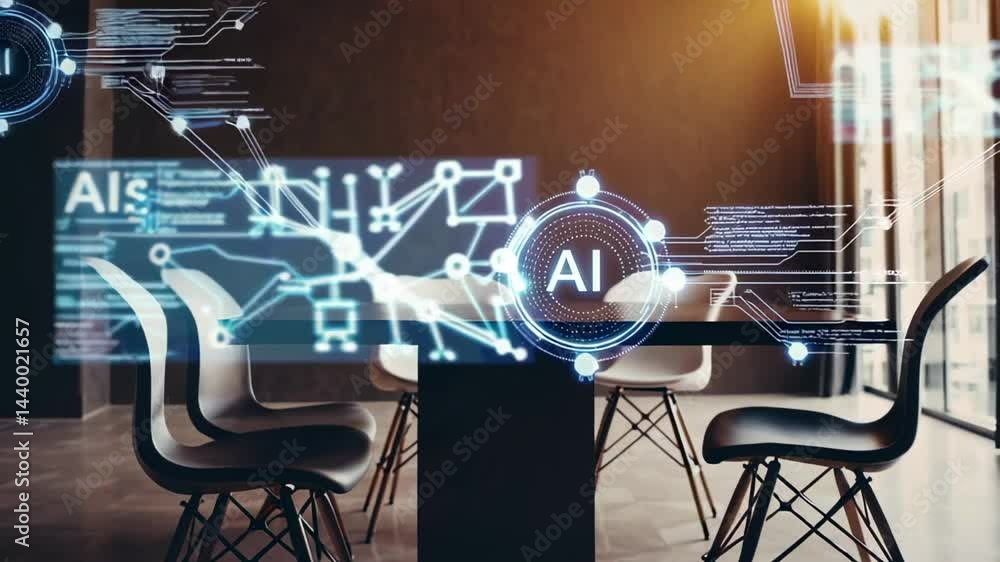 Poster Futuristic meeting room showcasing integration of artificial intelligence with holographic interface displaying data and analytics, enhancing collaborative work and decision making processes