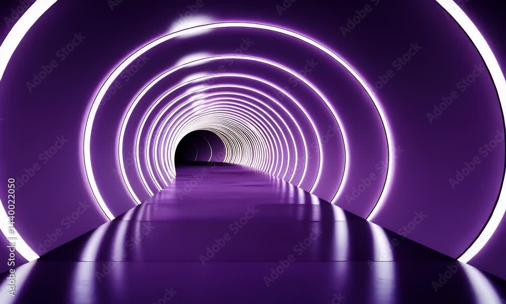 Poster 3d render, abstract futuristic background with glowing neon lines and round arches on a purple-black
