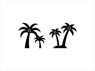 This image features a black and white silhouette of three palm trees of varying heights against a plain white background.