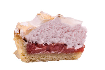 Part de tarte à la framboise meringuée vue de coté, vue de détails, au format PNG pour incrustation