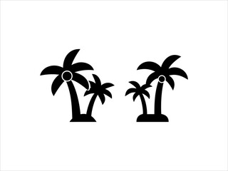 This image features a black and white silhouette of three palm trees of varying heights against a plain white background.