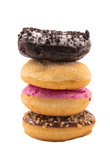 Pile de 4 donuts isolés, chocolat, framboise, sucre et oréo, format PNG