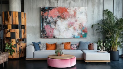 Modern sectional sofa, abstract art, plants, loft apartment interior design
